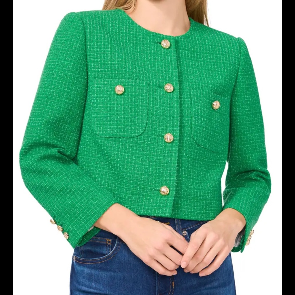CeCe Green Tweed Cropped Blazer with Gold Buttons